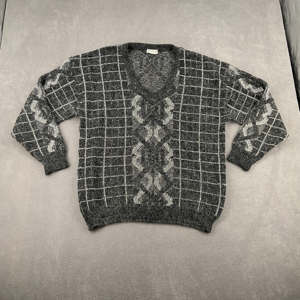 Avant Garde Sweater Mens XL Black Geometric Tight Knit Ribbed V Neck Thermal